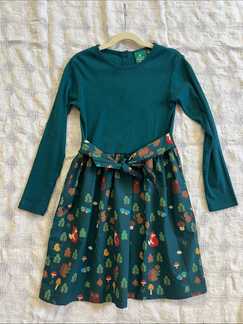 Little Green Radicals Teal Long-Sleeve Dress with Woodland Print.